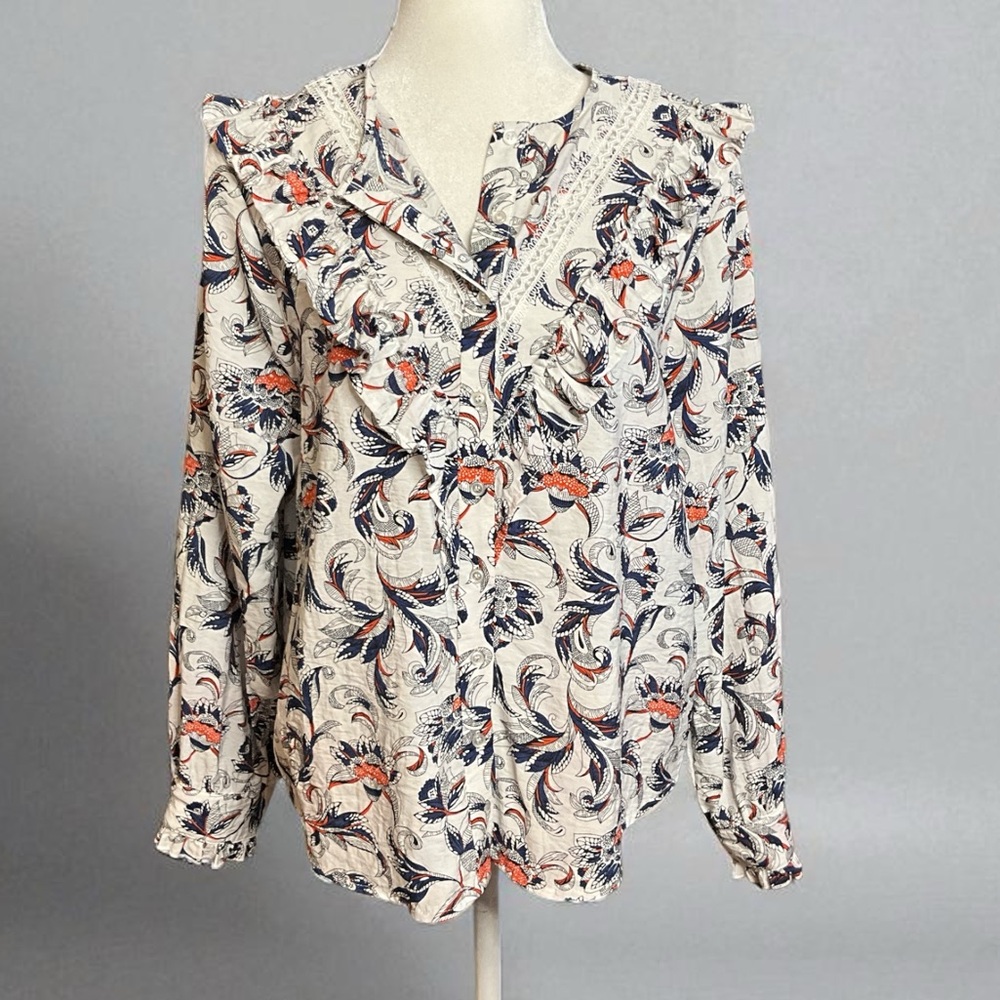 The Shirt by Rochelle Behrens - Navy and Coral Patterned Blouse